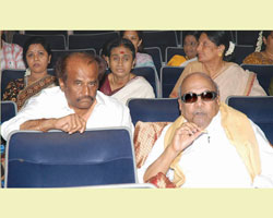 Rajini, Karunanidhi, Dhayalu Ammal and Rajathi Ammal Rajini, Karunanidhi, Dhayalu Ammal and Rajathi Ammal