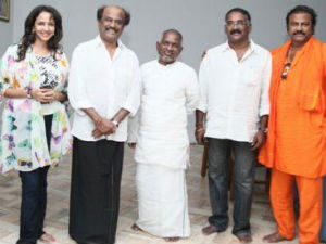 Rajini visits Ilayaraaja recording Rajini visits Ilayaraaja recording