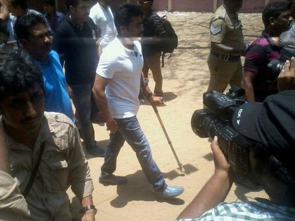 Surya casts his vote with injured leg Surya casts his vote with injured leg