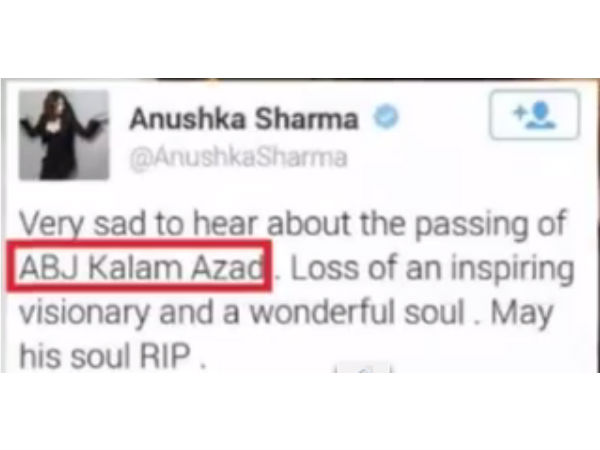 APJ Abdulkalam RIP - Anushka Sharma Use Wrong Name on Twitter APJ Abdulkalam RIP - Anushka Sharma Use Wrong Name on Twitter
