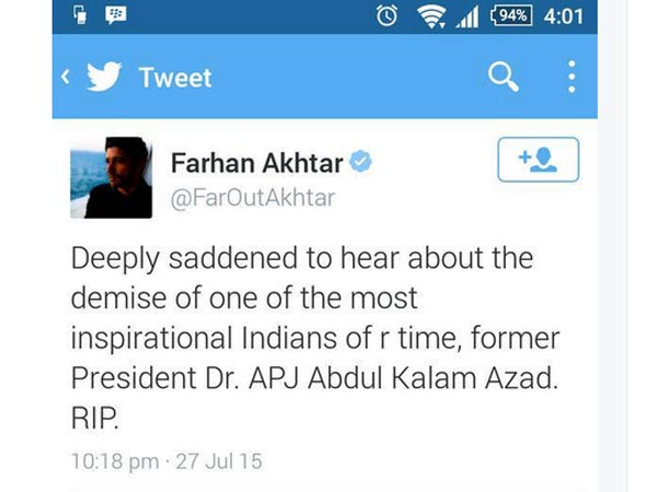 Not just Anushka: Farhan Akhtar too mixed up APJ Abdul Kalam's name on Twitter Not just Anushka: Farhan Akhtar too mixed up APJ Abdul Kalam's name on Twitter