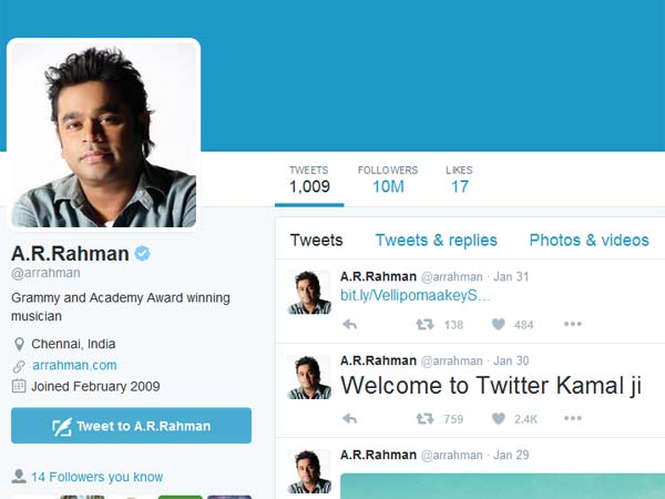 AR Rahman got one cr followers in twitter AR Rahman got one cr followers in twitter