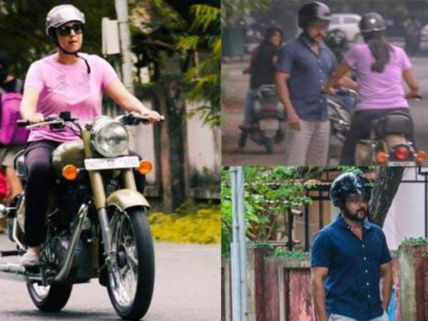 So cute: Suriya teaches Jyothika to ride a bullet So cute: Suriya teaches Jyothika to ride a bullet