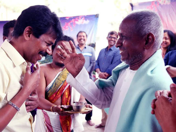 Ilaiyaraaja blesses Bala on Naachiyaar movie pooja Ilaiyaraaja blesses Bala on Naachiyaar movie pooja