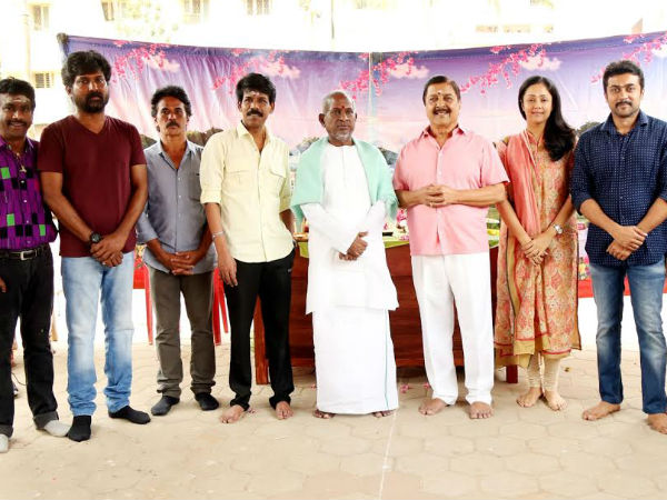 Ilaiyaraaja blesses Bala on Naachiyaar movie pooja Ilaiyaraaja blesses Bala on Naachiyaar movie pooja