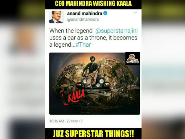 Mahindra CEO's tweet on Jeep used as Rajini's Throne Mahindra CEO's tweet on Jeep used as Rajini's Throne