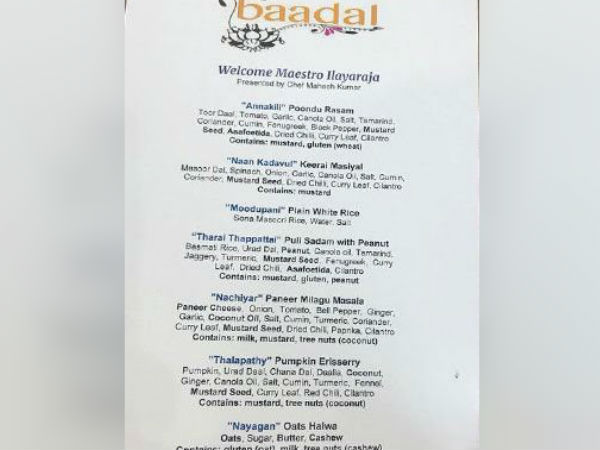 Ilayaraja special menu in a hotel Ilayaraja special menu in a hotel