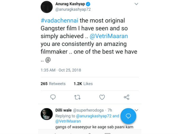 Anurag Kashyap praises Vadachennai Anurag Kashyap praises Vadachennai