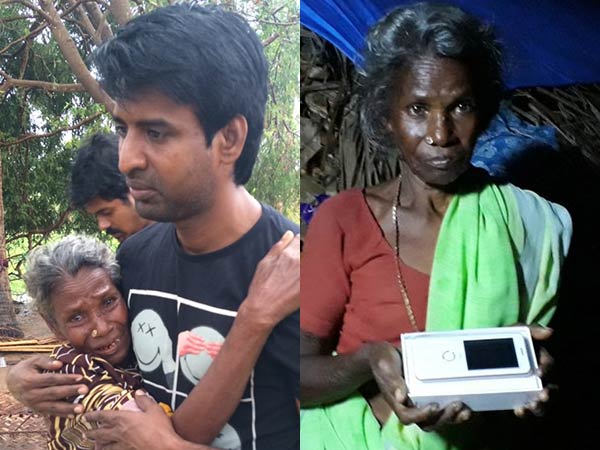 Soori gifts a cellphone to a Gaja victim Soori gifts a cellphone to a Gaja victim