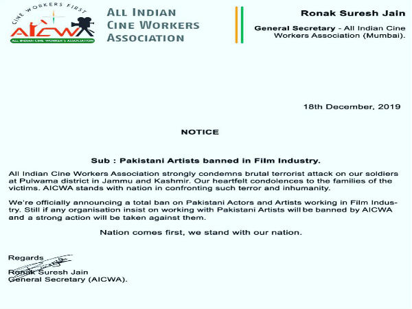 All Indian Cine Workers Association bans Pakistani actors All Indian Cine Workers Association bans Pakistani actors