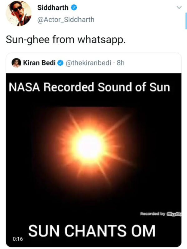Siddharth re tweets governor kirenbedi Siddharth re tweets governor kirenbedi