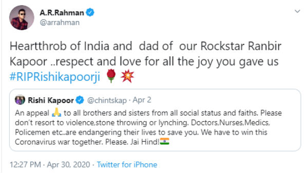 AR Rahman mourned for the loss of Rishi Kapoor AR Rahman mourned for the loss of Rishi Kapoor