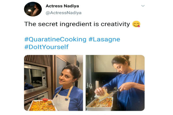Actress Nadhiya uploades a photo of herself cooking Actress Nadhiya uploades a photo of herself cooking