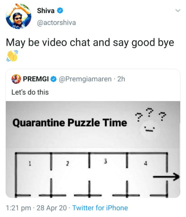 Actor Premji posted a quarantine puzzle time on his Twitter page Actor Premji posted a quarantine puzzle time on his Twitter page