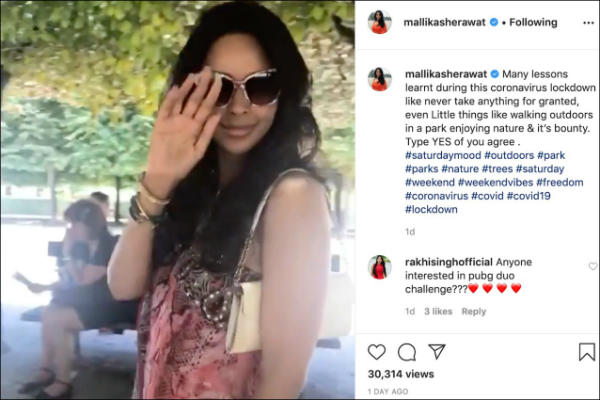 Mallika Sherawat shared a video of her walking in the park on Instagram Mallika Sherawat shared a video of her walking in the park on Instagram