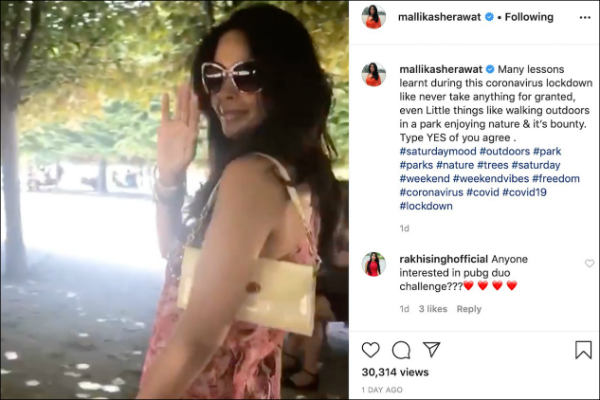 Mallika Sherawat shared a video of her walking in the park on Instagram Mallika Sherawat shared a video of her walking in the park on Instagram