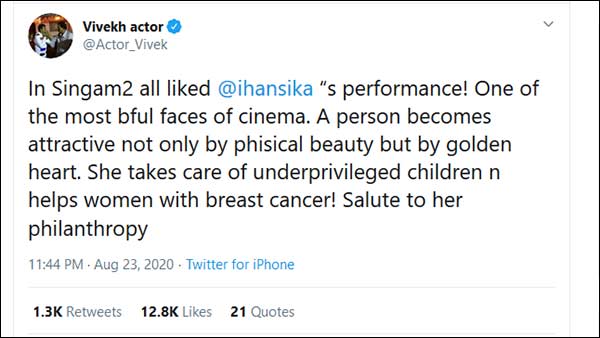 Actor Vivekh has praised Actress Hansika for her helping heart Actor Vivekh has praised Actress Hansika for her helping heart