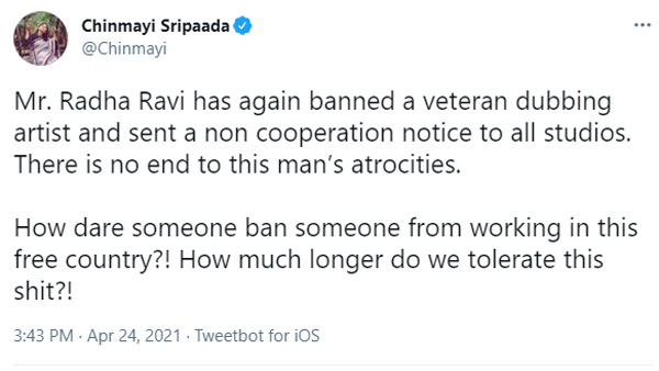 Chinmayi calls out actor-politician for banning a dubbing artist Chinmayi calls out actor-politician for banning a dubbing artist