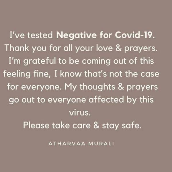 Atharvaa recovers from COVID-19 and tests negative Atharvaa recovers from COVID-19 and tests negative