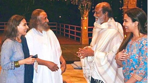 Rajinikanth meets spiritual leader RaviShankar ji with his 2 daughters Rajinikanth meets spiritual leader RaviShankar ji with his 2 daughters