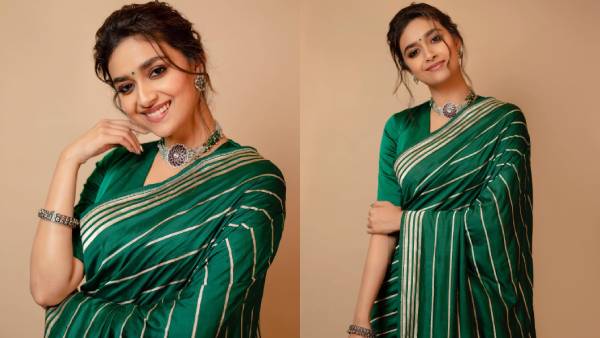 பச்சை நிறமே பச்சை நிறமே... பச்சை சேலையில் வெட்கத்தை கொட்டும் நடிகை கீர்த்தி சுரேஷ்