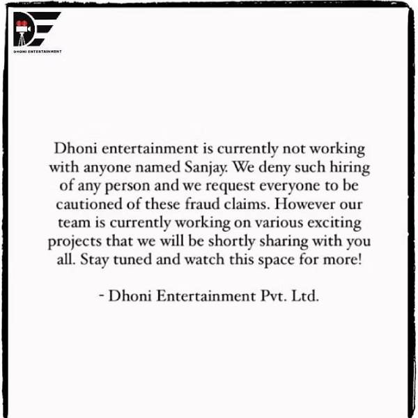 MS Dhoni released a statement dismissing rumours about them helming Tamil movie. MS Dhoni released a statement dismissing rumours about them helming Tamil movie.